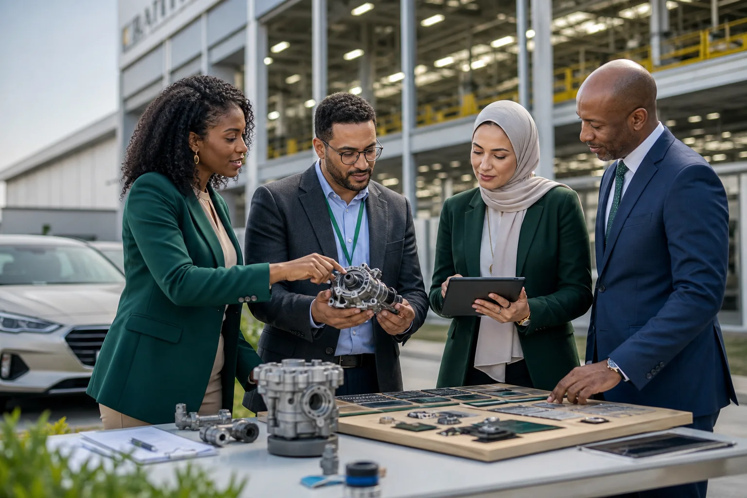 Industry leaders examining automotive components in a plant